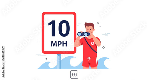 Lifeguard Observes Speed Limit Sign Of Wave Speed Or Coastal Currents