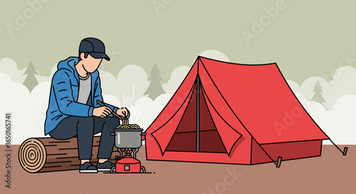 Lone Hiker Preparing Meal By Tent On A Camping Trip In Wilderness