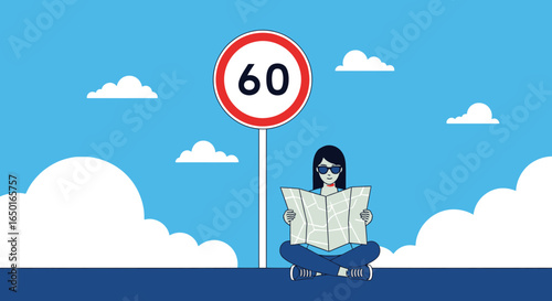 Lost Adventure: Woman Seeking Direction With Map Under Speed Limit Sign
