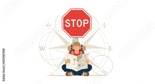 Lost Traveler Looking At A Map Under A Stop Sign With A Compass Behind