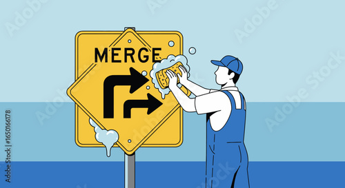 Maintaining Road Safety Worker Cleaning The Merge Sign with Care Illustration