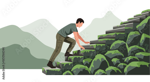 Man Ascending Ancient Stone Steps Towards Mountain Peak Ambition Concept