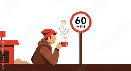 Man Enjoying Hot Coffee Near Train Station With Speed Limit Sign