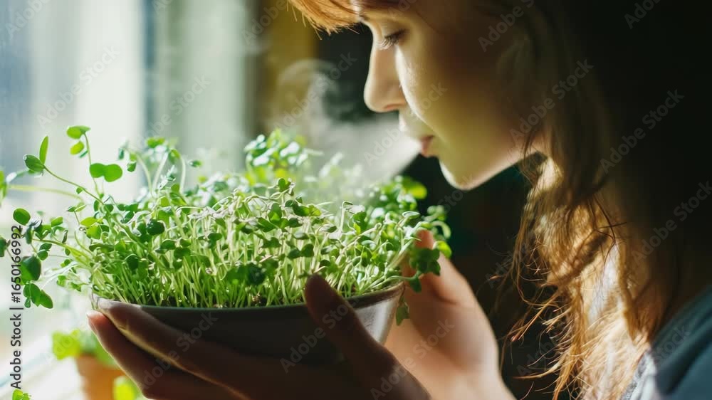 Young woman tending to her indoor herb garden, displaying the freshness of the plants with a close-up view. Young woman tending to her indoor herb garden, displaying the freshness of the plants with a close-up view.