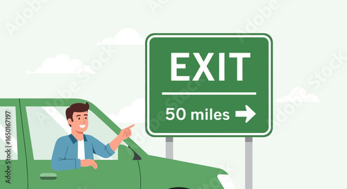 Man On Roadtrip Excitedly Points At Exit Sign 50 Miles Away Ahead