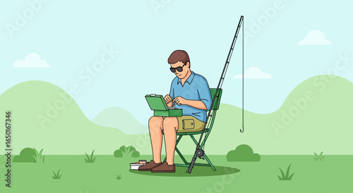 Man Prepares Fishing Tackle While Seated Outdoors For Recreational Activity