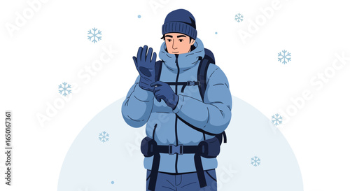 Man Prepares For Cold Weather Adventure Putting On Winter Gloves Outdoors