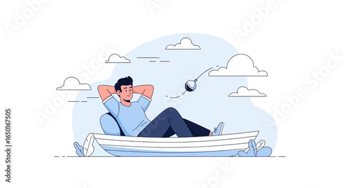 Man Relaxing In Rowboat Enjoying Peaceful Time Amidst Clouds Illustration