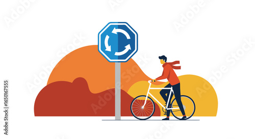 Man Riding a Bike Near Roundabout Sign During a Peaceful Day