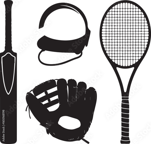 Cricket bat tennis racket baseball glove and protective headgear