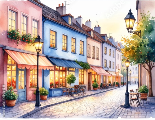 Watercolor Style European Cityscape with Cobblestone Streets  Brick and Pastel-Colored Buildings  Charming Urban Scene for Art and Design