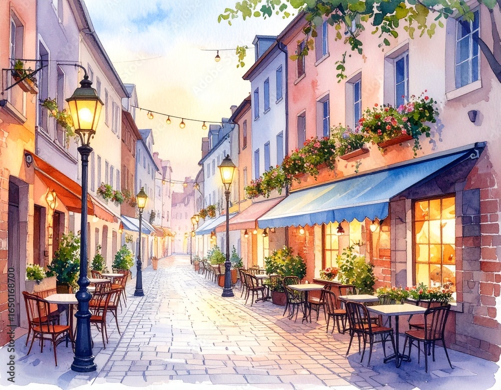 Obraz premium Watercolor Style European Cityscape with Cobblestone Streets, Brick and Pastel-Colored Buildings, Charming Urban Scene for Art and Design