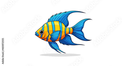 Colorful cartoon tropical fish with bold yellow and blue vertical stripes and elegant, flowing fins.