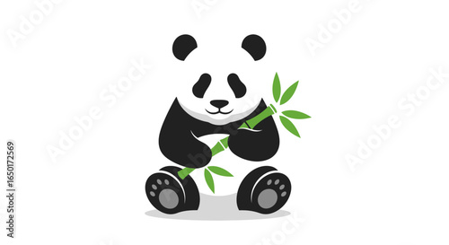 Cute cartoon panda bear sitting with a friendly smile while holding a green bamboo stalk.