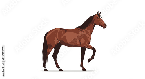 Elegant brown bay horse with a dark mane and white blaze, standing in a graceful trotting pose.