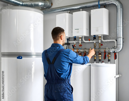 HVAC Technician Inspecting Plumbing System with Water Heaters and Tanks in a Commercial Setting