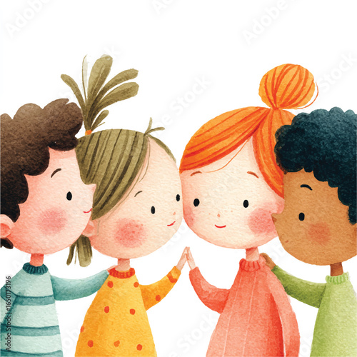 Watercolor Illustration of Diverse Children Holding Hands Celebrating Friendship