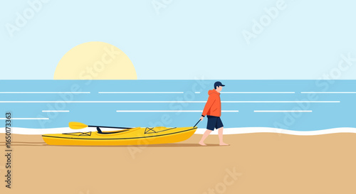 Man Walks Along Beach With Yellow Kayak During Beautiful Ocean Sunrise