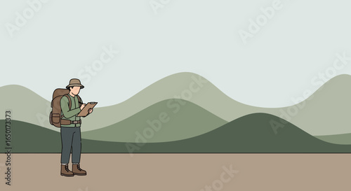 Man With Backpack Exploring Outdoors Writing Notes In Nature Illustration