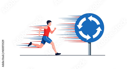 Marathon Runner Passes Roundabout Sign Depicting Constant Motion And Competition