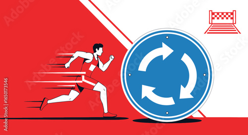 Marathon Runner Approaching Roundabout Sign Shows Perseverance Concept