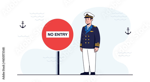 Marine Commander Preventing Access By No Entry Sign Maritime Safety Concept