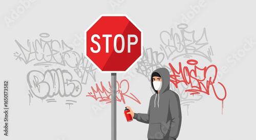 Masked Graffiti Artist Spraying Red Paint Near Stop Sign Illustration