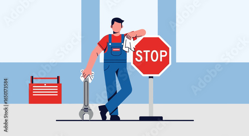 Mechanic Taking Break With Stop Sign Tool Box And Wrench Graphic Concept