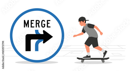 Merge Road Sign Depicting Traffic Concept with Young Man on Skateboard