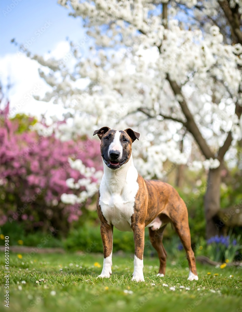 Obraz premium A brindle bull terrier stands in a garden, blossoms blooming behind it