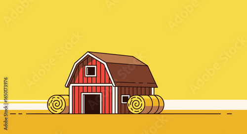 Minimalist Barn Scene With Hay Bales On Rural Farmland Background