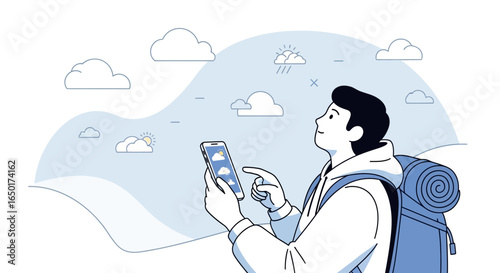 Modern Travel: Man Checks Weather App On Phone Before Outdoor Adventure