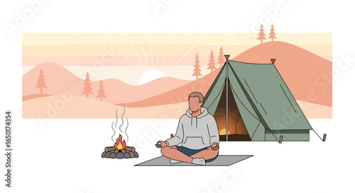 Morning Meditation At Campsite Near Bonfire And Tent With Mountain View