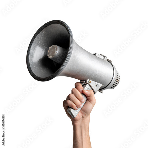 Hand Holding Megaphone. A person holding and using an audio speaker or bullhorn isolated on a Transparent background PNG
