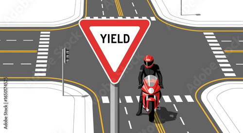 Motorcycle Approaching The Intersection With A Yield Sign And Traffic Light