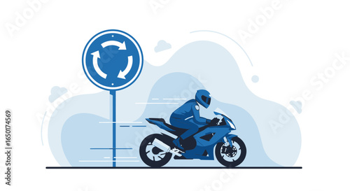 Motorcycle Rider Approaching Roundabout Depicted in an Illustration Style