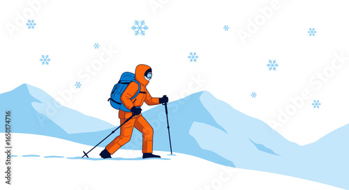 Mountain Climber Expedition Hiking Adventure in the Snowy Peaks Landscape