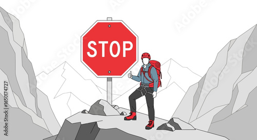 Mountaineer Reaching the Top with a Stop Sign in Rocky Mountain Landscape