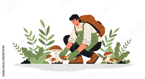 Mushroom Hunting In The Forest Man Collecting Wild Mushrooms In Autumn Season