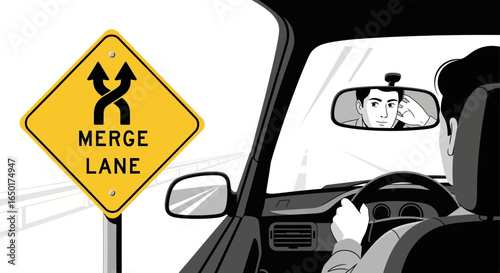 Navigating The Road Ahead Driver Safety And Merge Lane Awareness Black And White