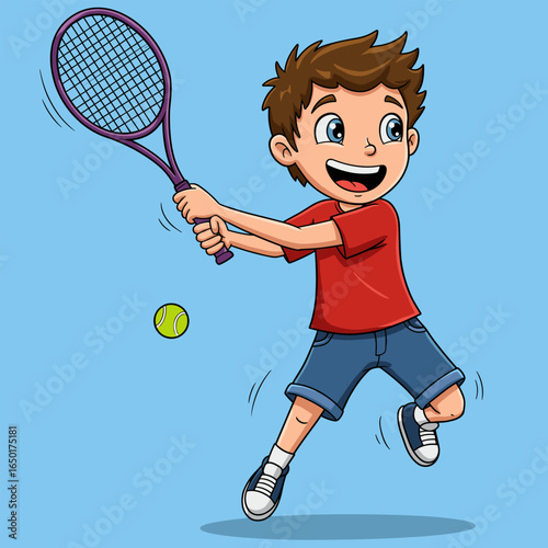 Cartoon boy hitting a tennis ball with a purple racket, smiling and mid-jump.