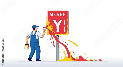 Painting A Merge Sign With Bright Colors For Creative Redesign Concept