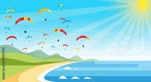 Paragliding Adventure Over Coastal Landscape On Sunny Day Outdoor Excitement