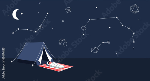 Peaceful Camping Night Under The Stars With Tent And Sleeping Bag