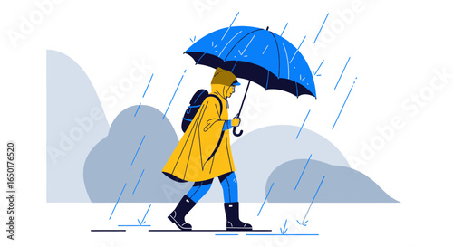Person Walking Under Umbrella During Rainy Weather Illustration Style Design