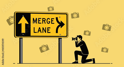 Photographer At Merge Lane Direction Sign Depicting Career Decisions
