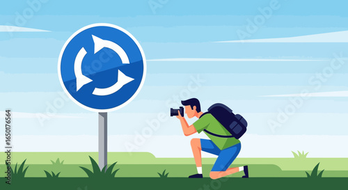 Photographer Capturing a Roundabout Sign on a Road Trip Adventure Illustration
