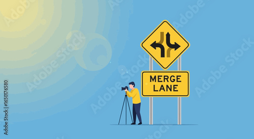 Photographer Capturing an Image of a Merge Lane Road Sign on a Sunny Day