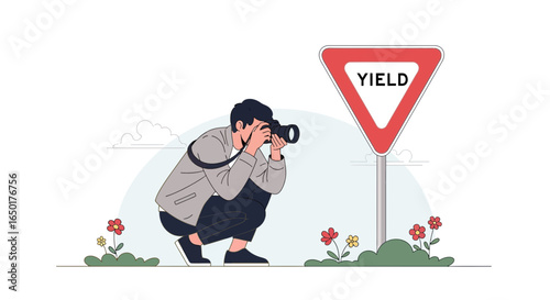 Photographer Squatting Near Yield Sign Capturing Blooming Wildflowers Beauty