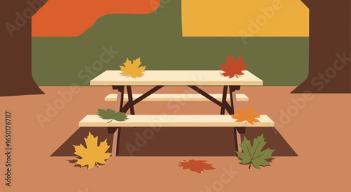 Picnic Table Surrounded By Falling Leaves In A Tranquil Autumn Setting